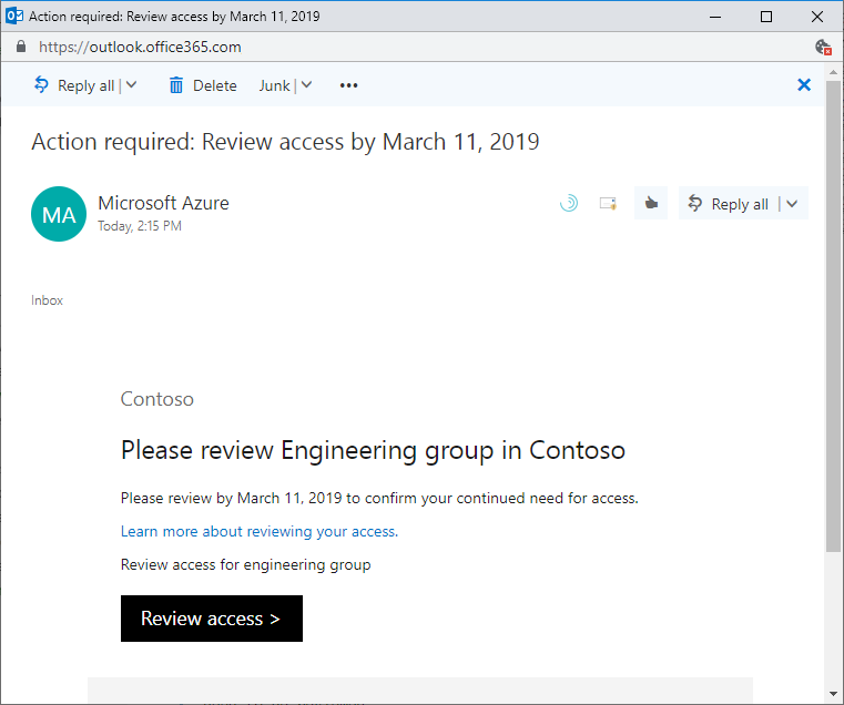 Email de exemplo da Microsoft para revisar o acesso a um grupo