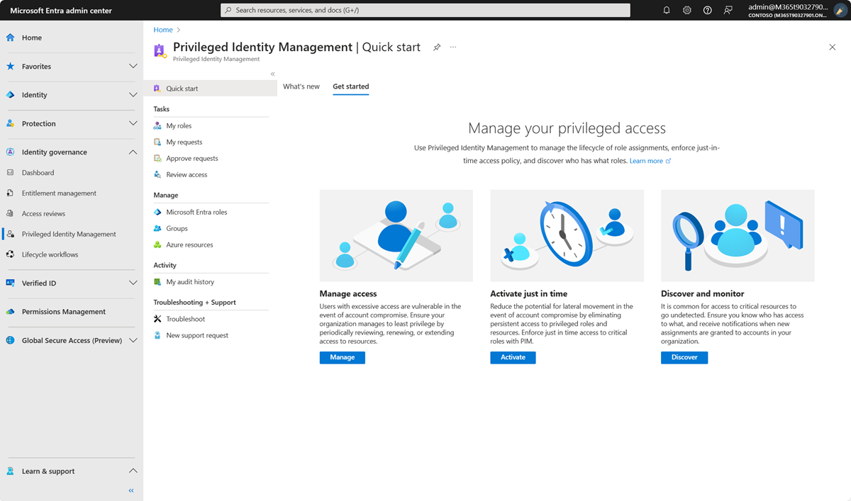 Captura de tela do Privileged Identity Management no portal do Azure.