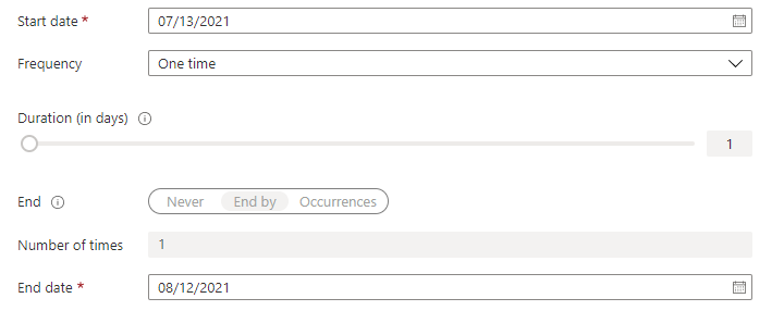 Captura de tela de Data de início, Frequência, Duração, Fim, Número de vezes e Data de término.