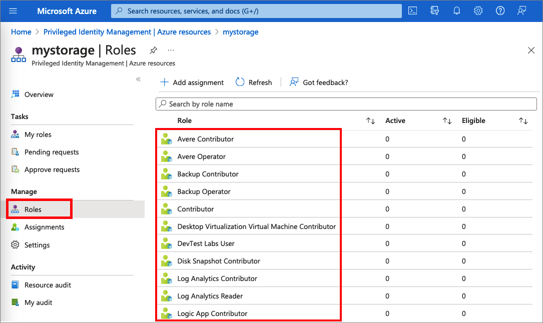 Captura de tela que mostra as funções de uma conta do Armazenamento do Azure.