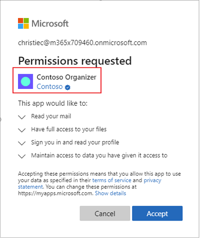 Captura de tela que mostra um exemplo de uma solicitação de consentimento de aplicativo da Microsoft.