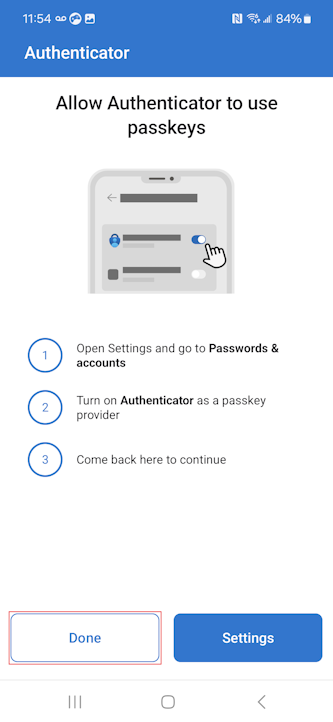 Captura de tela de como tocar em Concluído para concluir o uso do Microsoft Authenticator para dispositivos Android.