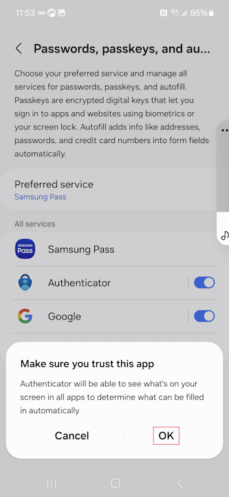 Captura de tela de como confiar no aplicativo Authenticator no Android.