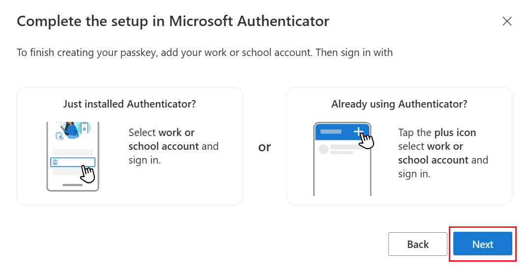 Captura de tela do assistente de retorno ao assistente para concluir a configuração da chave de acesso no Authenticator.