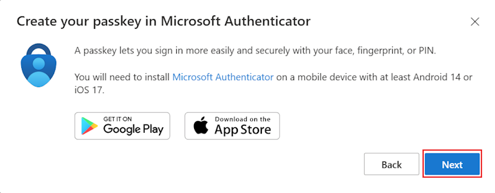 Captura de tela que oferece aos usuários a opção de baixar o Authenticator.