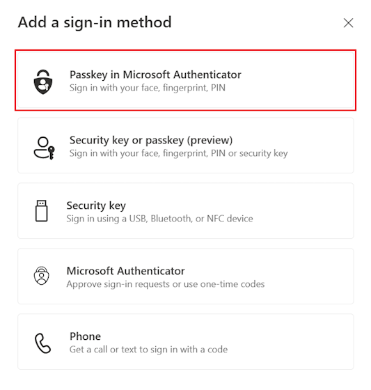 Captura de tela de como selecionar a chave de acesso no Microsoft Authenticator como um método de entrada.