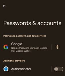 Captura de tela de selecionar Senhas e Opções de senha usando o Microsoft Authenticator para dispositivos Android.