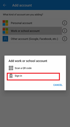 Captura de tela da opção Entrar usando o Microsoft Authenticator para dispositivos Android.