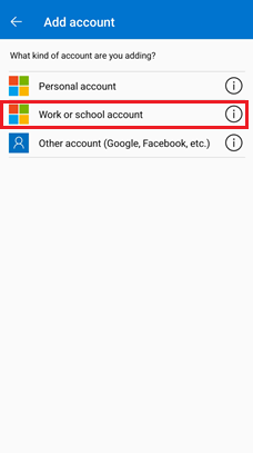 Captura de tela da escolha da conta corporativa ou de estudante usando o Microsoft Authenticator para dispositivos Android.