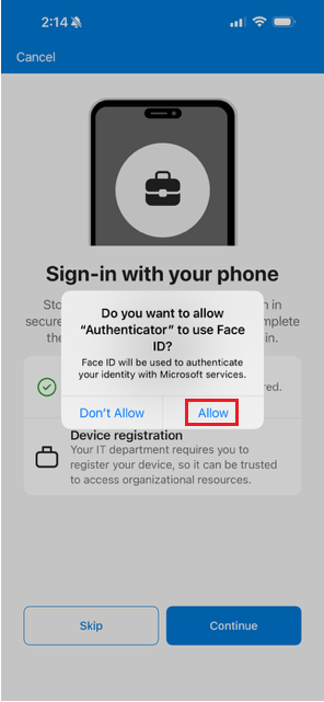 Captura de tela de como permitir o Face ID para Microsoft Authenticator para dispositivos iOS.