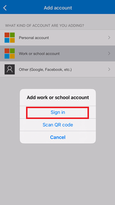 Captura de tela da opção Entrar usando o Microsoft Authenticator para dispositivos iOS.