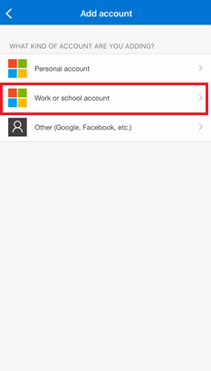 Captura de tela da escolha da conta corporativa ou de estudante usando o Microsoft Authenticator para dispositivos iOS.