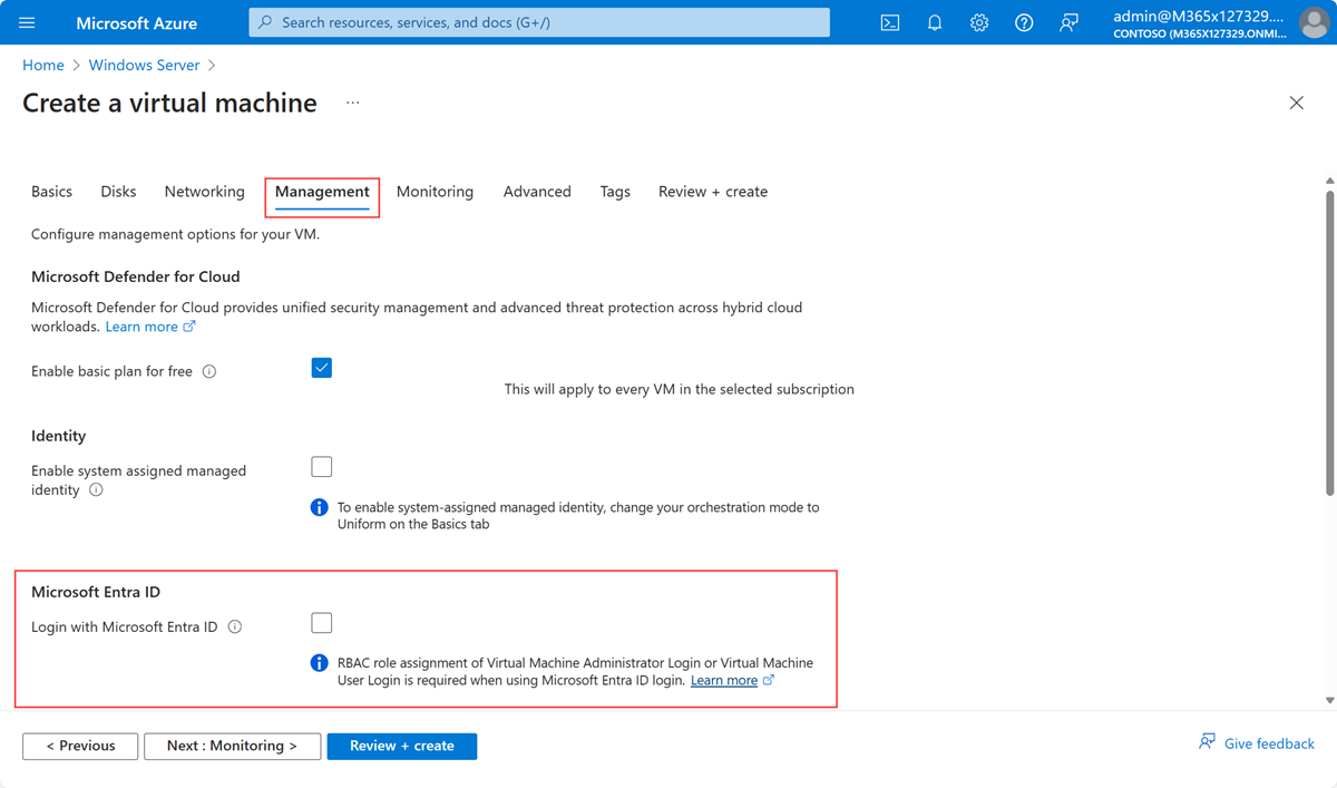 Captura de tela que mostra a guia Gerenciamento na página do portal do Azure usada para criar uma máquina virtual.