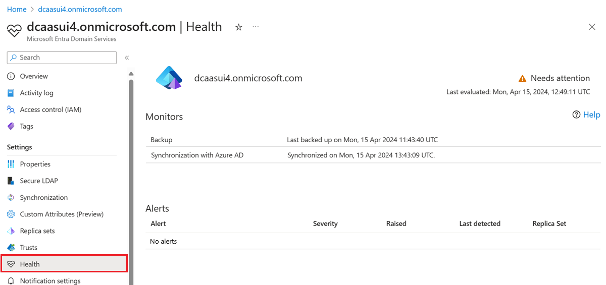 Visão geral da página de integridade mostrando o status do Microsoft Entra Domain Services