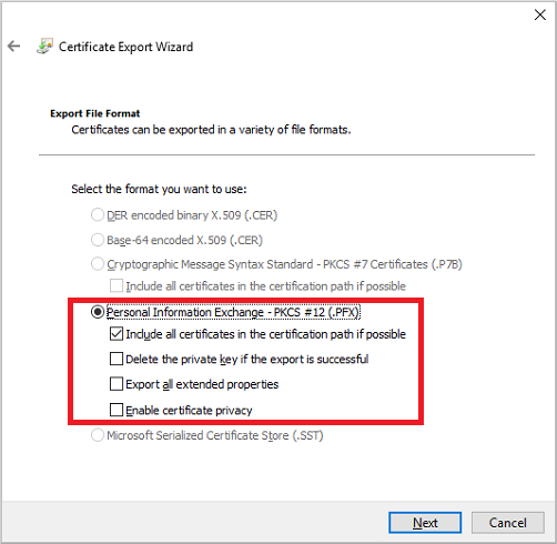 Escolha a opção para exportar o certificado no formato de arquivo PKCS 12 (.PFX)