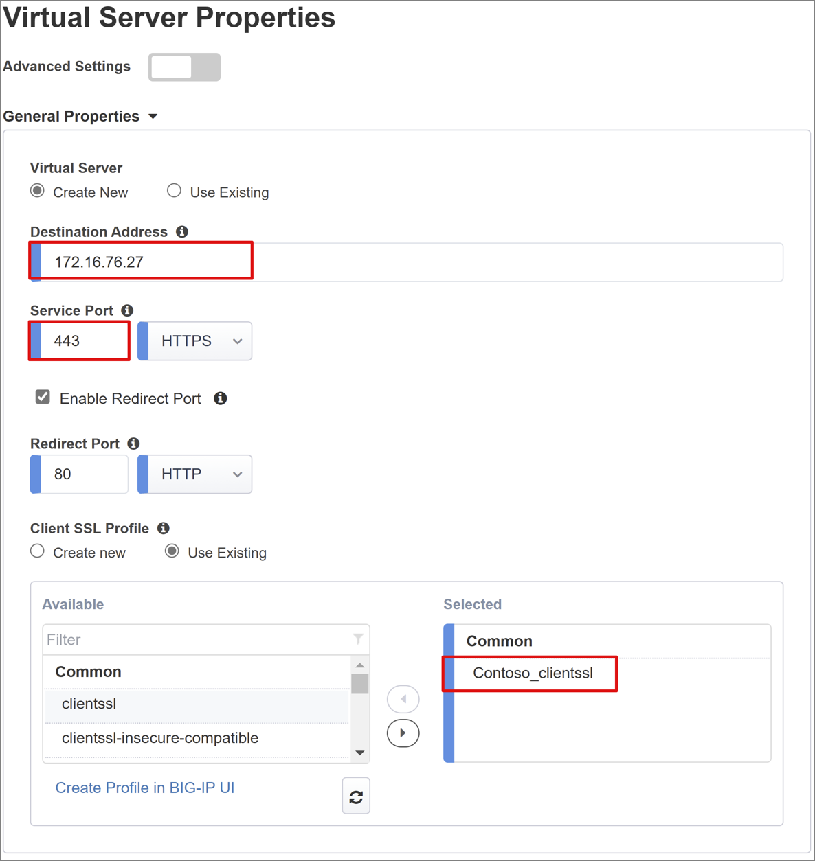 Captura de tela das opções e seleções para Propriedades do Servidor Virtual.