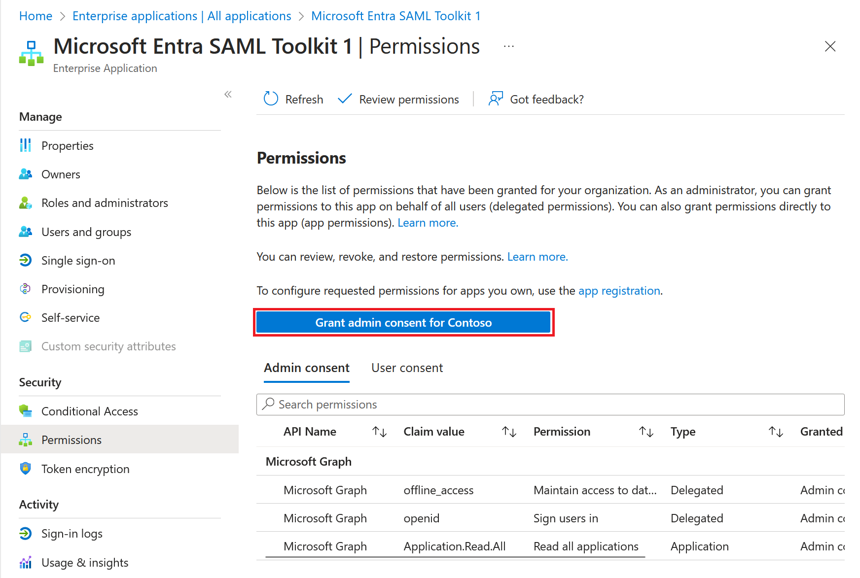 A captura de tela mostra como garantir consentimento de administrador de todo o locatário.