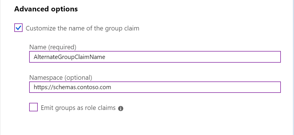 Captura de tela mostrando a seção “Opções avançadas” com a opção “Personalizar o nome da declaração de grupo” selecionada e os valores “Nome” e “Namespace” inseridos.