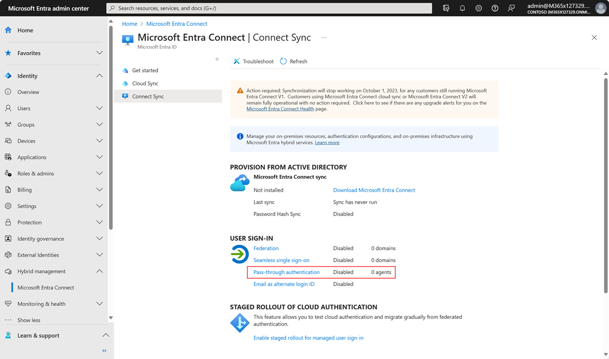 Screnshot shows Microsoft Entra admin center - Microsoft Entra Connect blade.