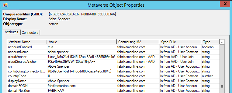 Captura de tela que mostra a lista de atributos de usuário para as Propriedades do Objeto de Metaverso.