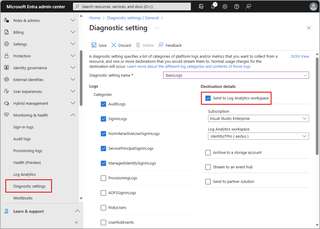 Captura de tela das configurações de diagnóstico com alguns detalhes de destino exibidos.