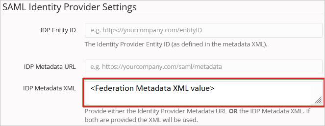 Captura de tela que mostra o XML de metadados do IDP.