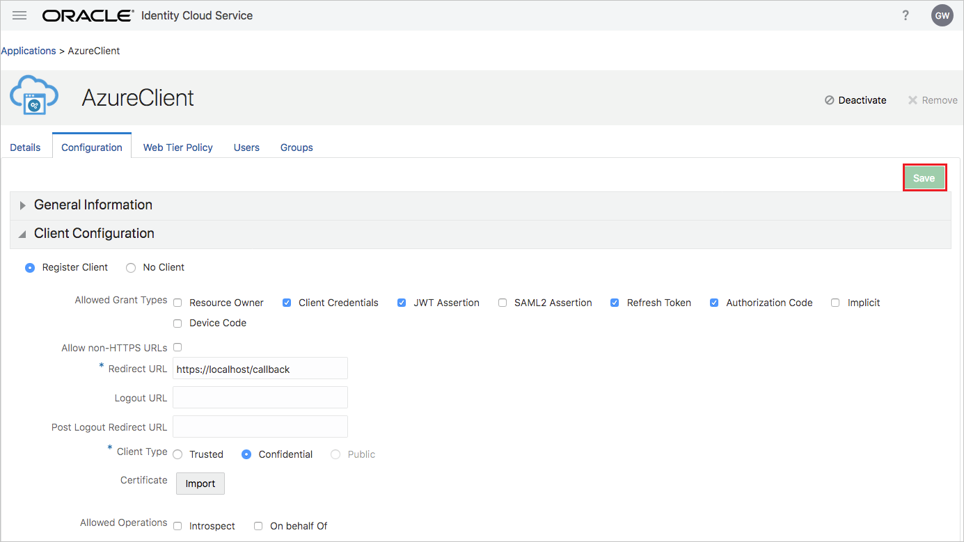 Captura de tela que mostra a configuração do Oracle.