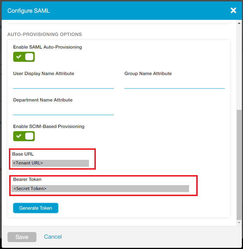 Captura de tela da caixa de diálogo Configurar SAML com as caixas de texto URL de Base e Token de portador destacadas.