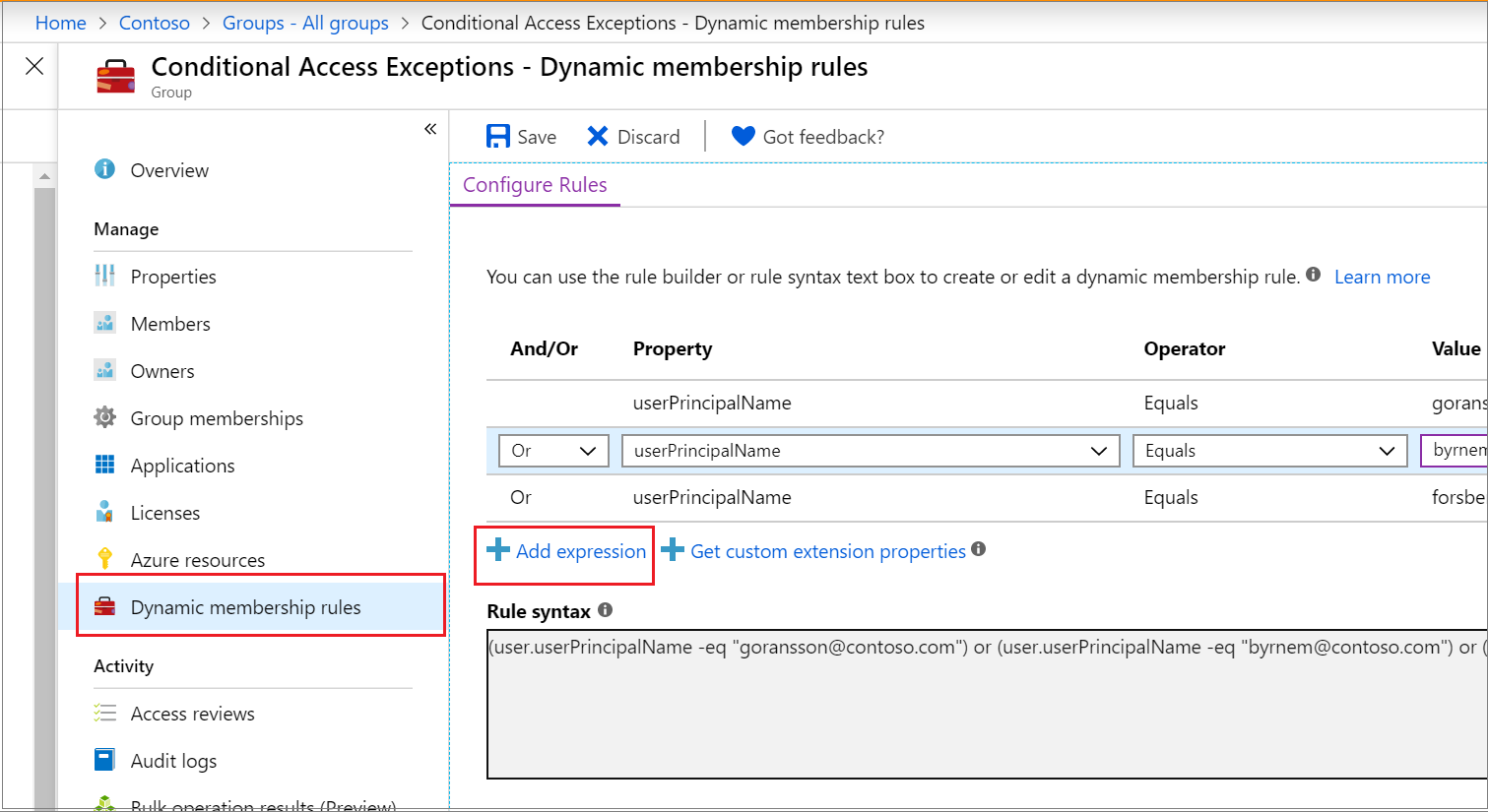 Captura de tela que mostra a página de grupos de associação dinâmica com a ação Adicionar expressão na guia Configurar regras selecionada.