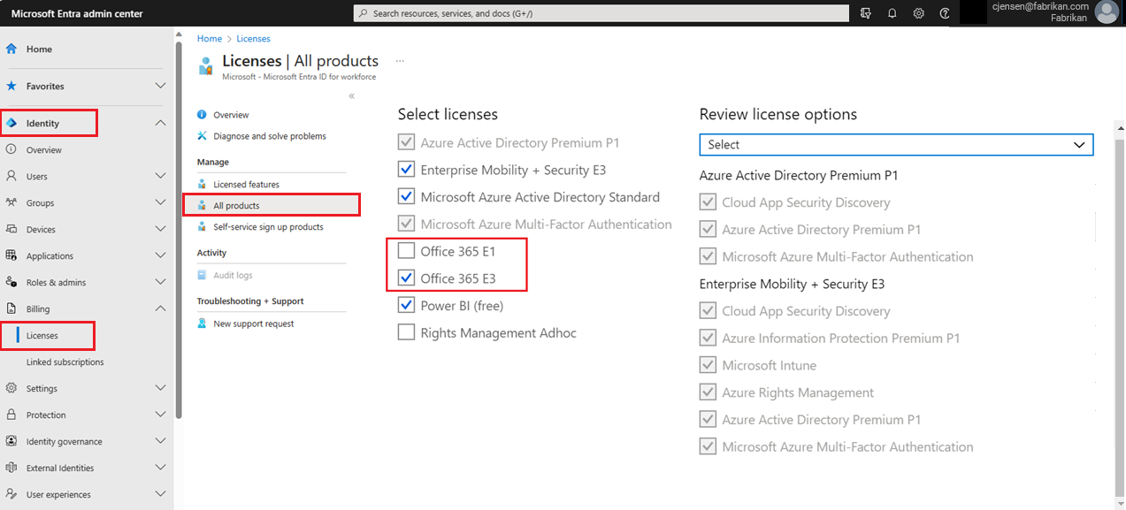 Captura de tela da página de atribuições de licença de um usuário mostrando o Office 365 E1 limpo e o Office 365 E3 selecionado.