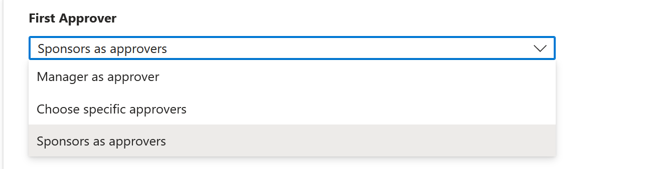 Captura de tela mostrando as opções para um primeiro aprovador se a política estiver definida como usuários fora do seu diretório.