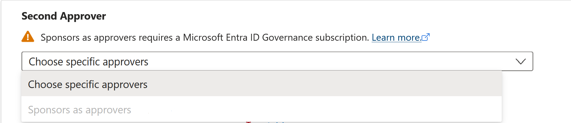 Captura de tela mostrando as opções para um segundo aprovador se a política estiver definida como usuários fora do seu diretório.