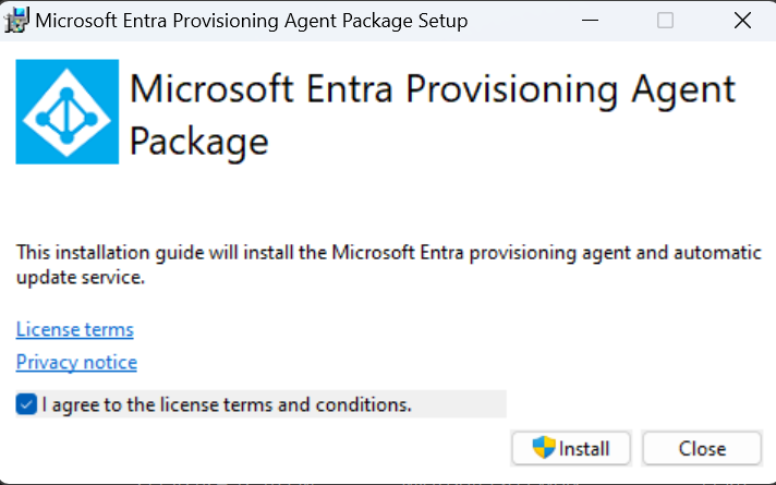 Captura de tela que mostra a tela inicial do pacote do agente de provisionamento do Microsoft Entra Connect.