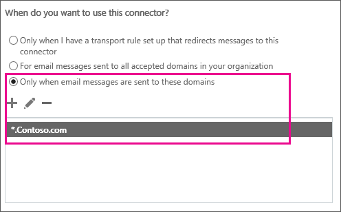 Mostra a página do assistente do conector: Quando pretende utilizar este conector? A terceira opção está selecionada. Esta opção é: apenas quando as mensagens de e-mail são enviadas para estes domínios. O domínio especificado inclui um caráter universal. *.contoso.com foi adicionado.