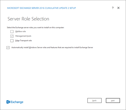 Configuração do Exchange, página Seleção de Função do Servidor, seleção de ferramentas de gerenciamento.