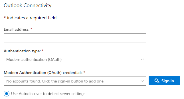 Captura de tela do formulário de conectividade do Outlook, mostrando os campos obrigatórios de endereço de email, tipo de autenticação e credenciais.