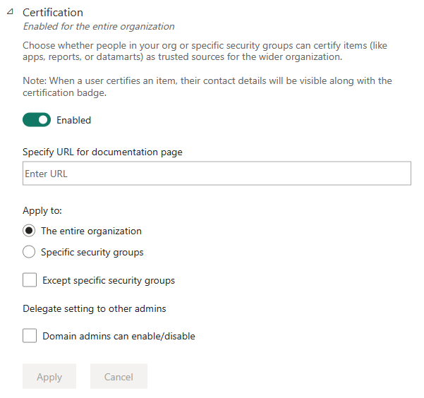 Captura de tela de como configurar a certificação de fluxo de dados e o modelo semântico.