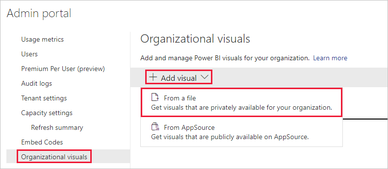 Captura de tela exibindo o menu de visuais organizacionais nas configurações de administração do Power BI. A opção Adicionar visual é expandida, e a opção De um arquivo é selecionada.