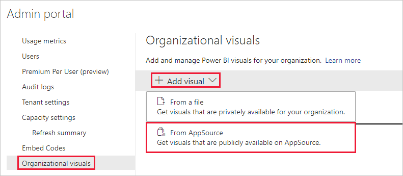 Captura de tela exibindo o menu de visuais organizacionais nas configurações de administração do Power BI. A opção Adicionar visual é expandida, e a opção Do AppSource é selecionada.