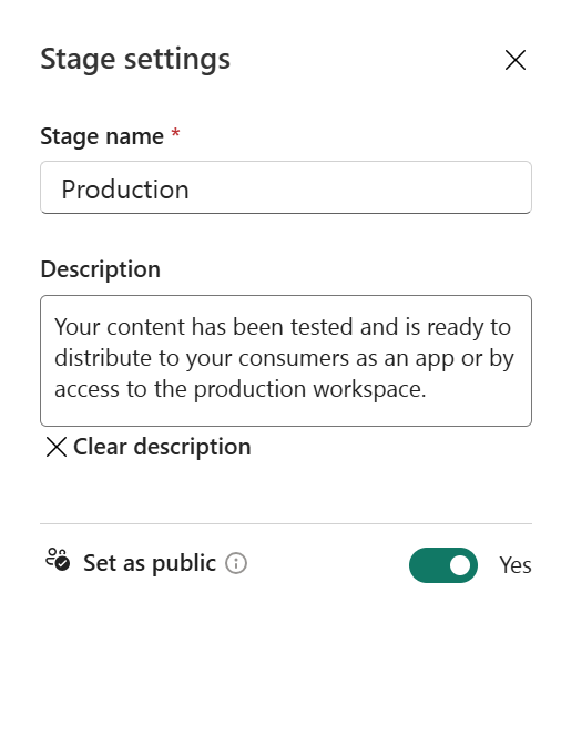 Captura de tela das configurações do palco com a opção tornar este estágio público definida como sim.