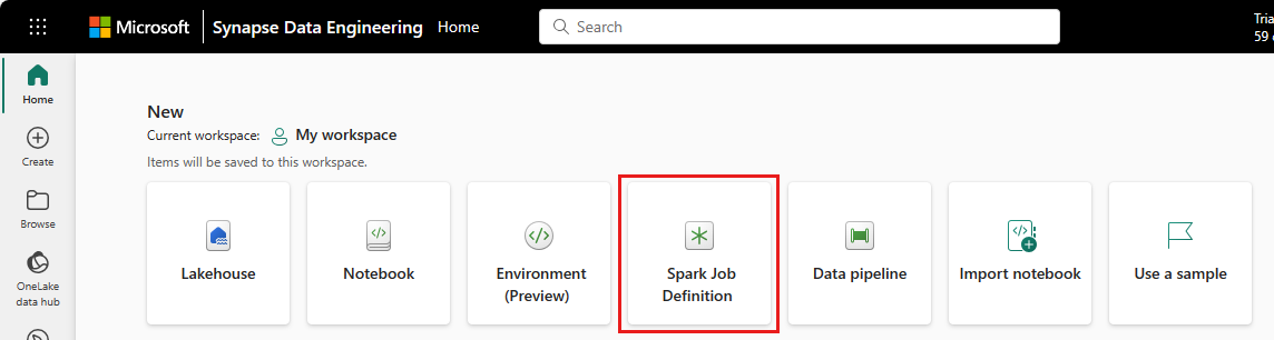 Captura de tela mostrando onde selecionar o cartão Definição de trabalho do Spark.