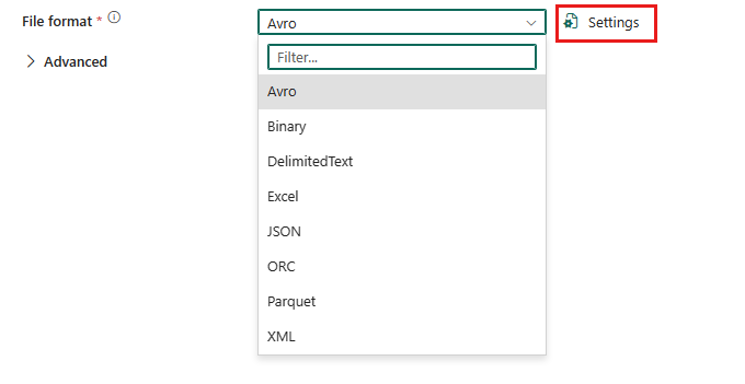 Captura de tela mostrando as configurações de formato de arquivo.