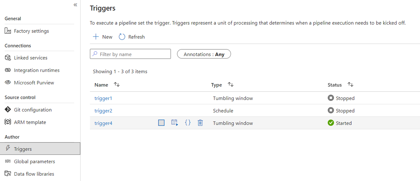 Captura de tela que mostra a página Gatilhos no Azure Data Factory.