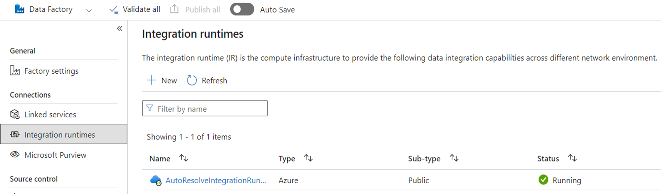 Captura de tela mostrando a guia Runtimes de integração no Azure Data Factory.