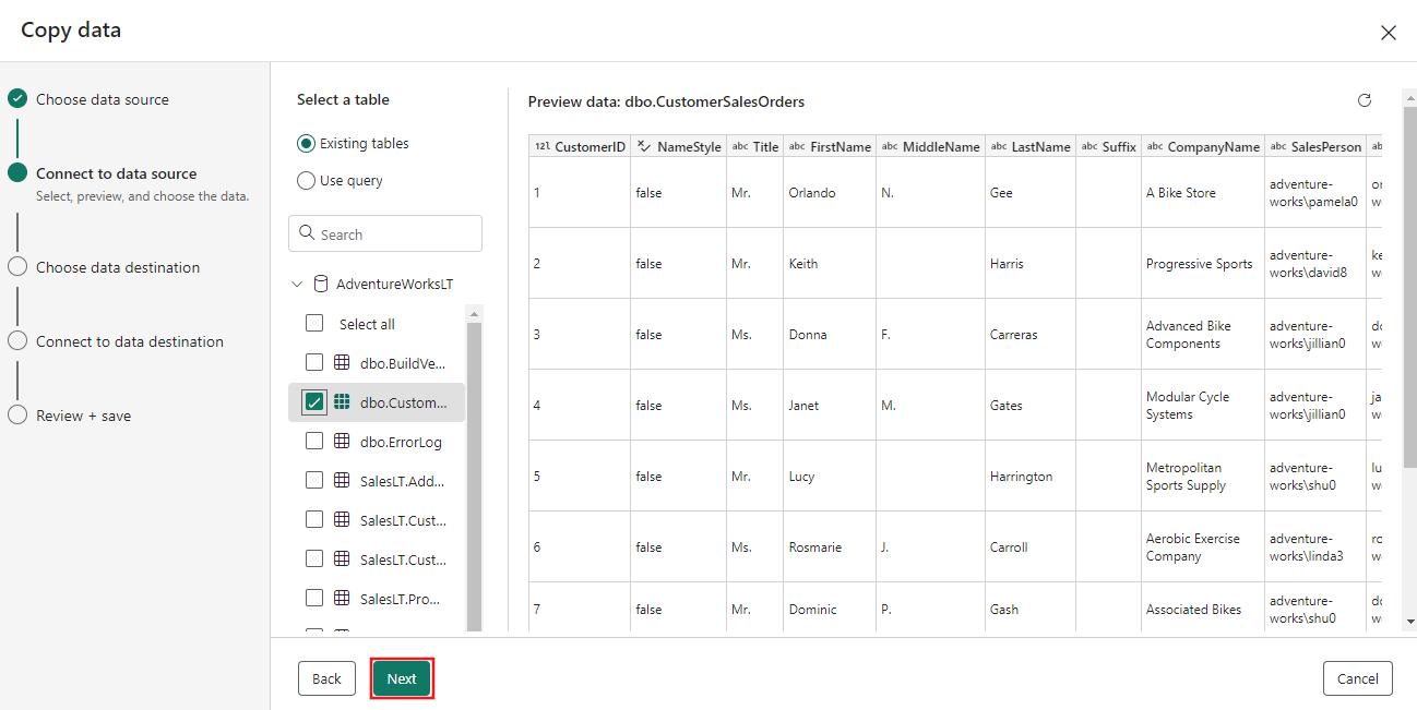 Screenshot showing how to select from available tables.