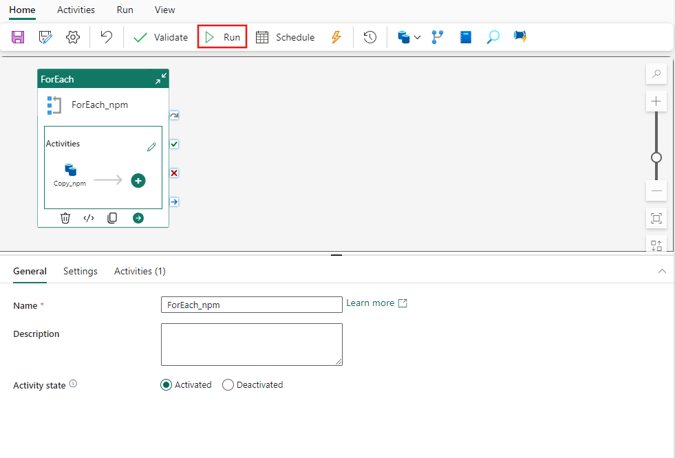 Captura de tela mostrando onde selecionar Executar na guia Página Inicial da janela do editor de pipeline.