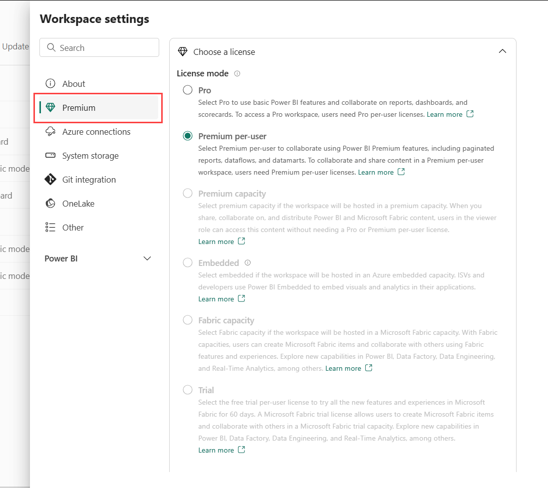 Captura de tela do modo de licença nas configurações do workspace.