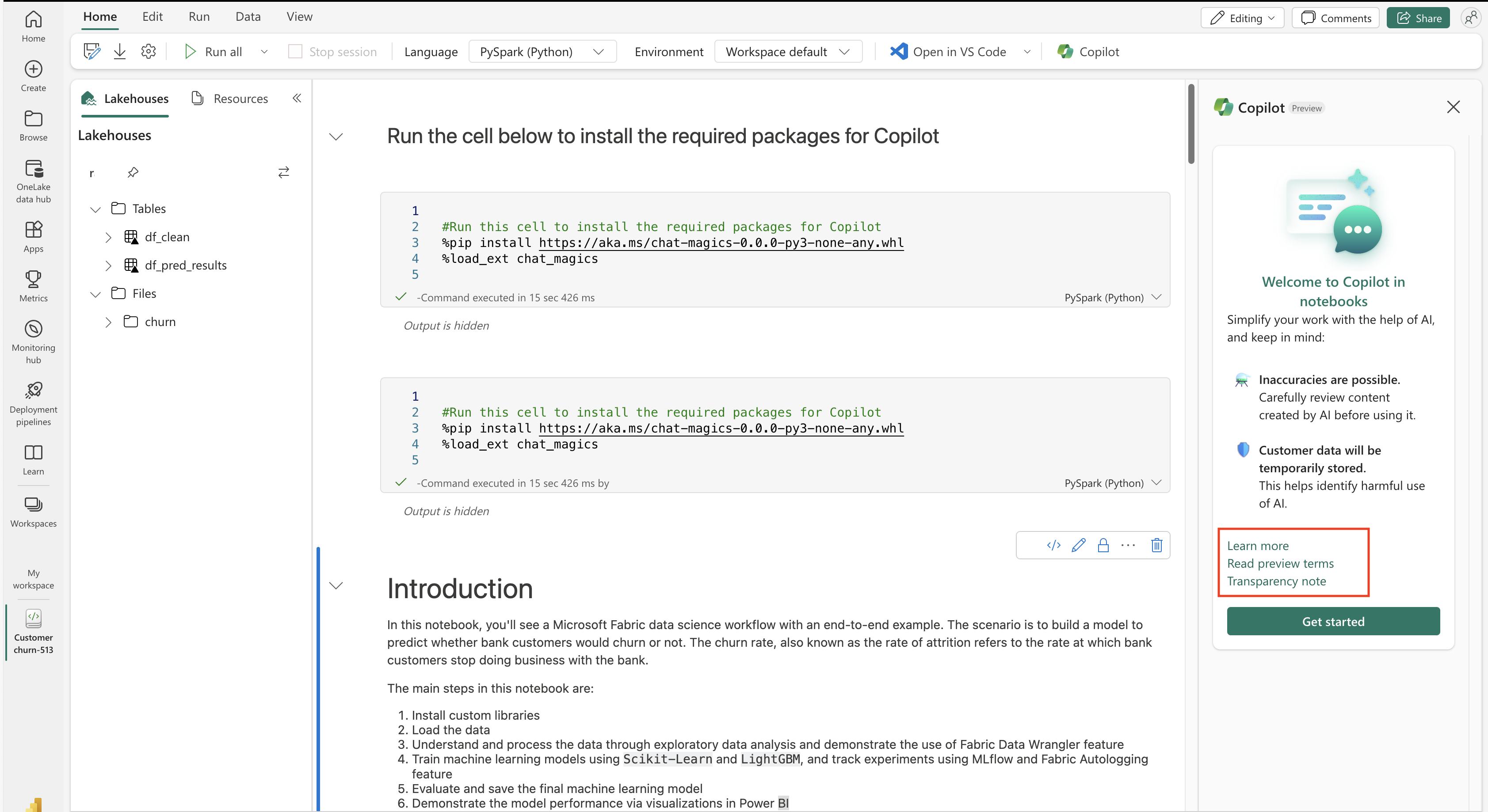 Captura de tela mostrando o painel de links úteis do Copilot.