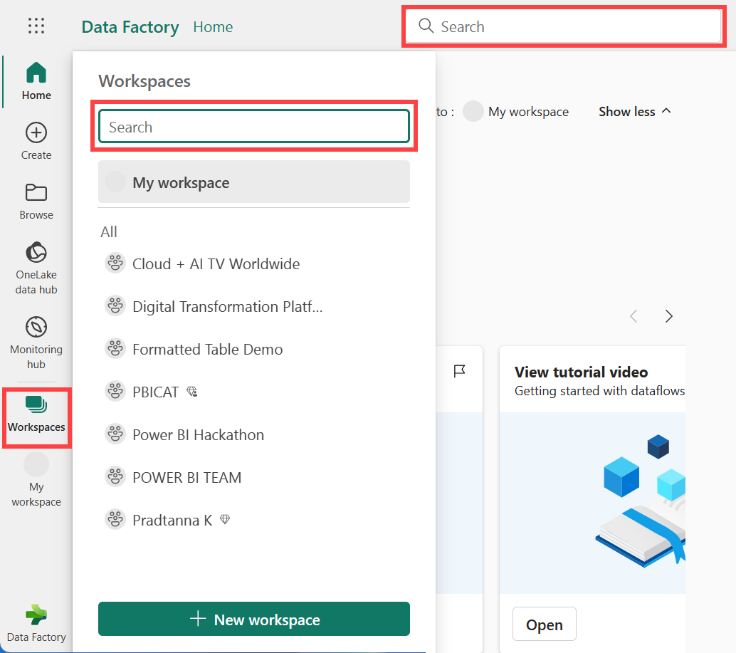 Captura de tela mostrando a lista de workspaces com contornos vermelhos nos campos de Pesquisa e no ícone Workspace.