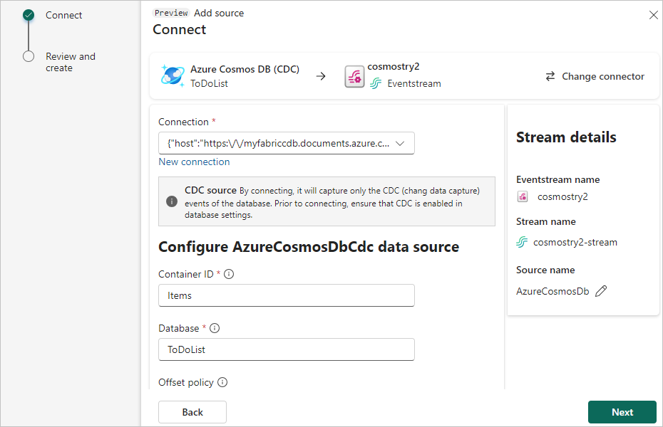 Captura de tela dos detalhes da conexão para a origem da CDA do Azure Cosmos DB.